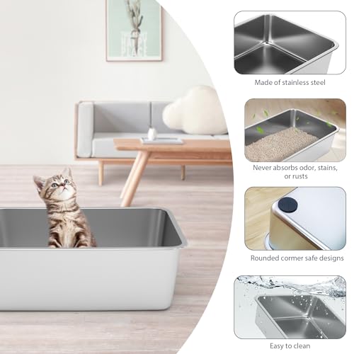 WENBOKMIN Stainless Steel Litter Box - Cat Litter Box Easy to Clean, Never Absorbs Odor, Stains, or Rusts - Silver (17.7" L x 13.5" W x 6" H) - size: 17.7" L x 13.5" W x 6" H