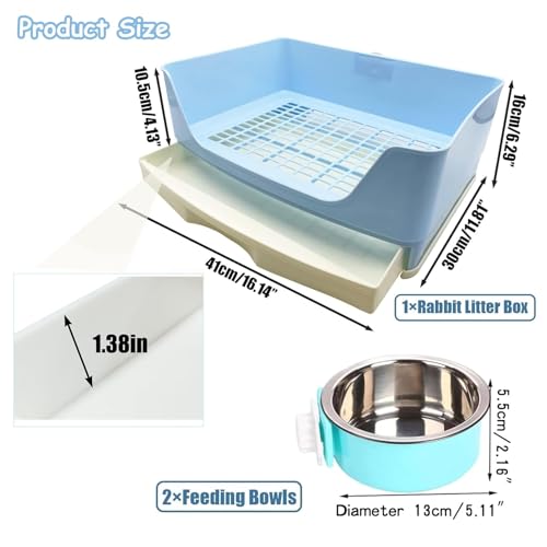 PINVNBY Rabbit Litter Box with Drawer for Cage Bunny Corner Litter Pan Box Small Animal Litter Pan Hanging Feed Bowls Cage Potty Trainer Pet Toilet for Rabbit Guinea Pigs Chinchilla Ferret - color: Blue