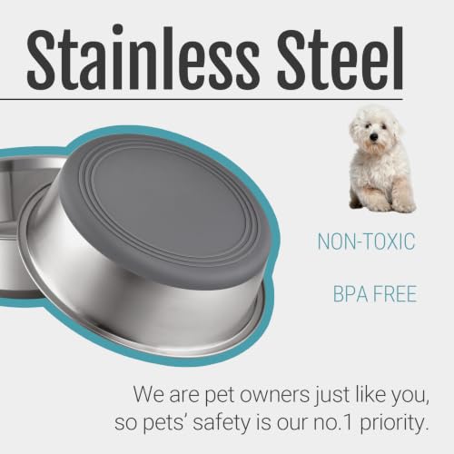 Nonslip Stainless Steel Dog Bowls, 3.8 US Cup, 2 Count | No slide silicone bottom, Dishwasher safe, Easy to clean, Stackable design - size: 3.8 Cup