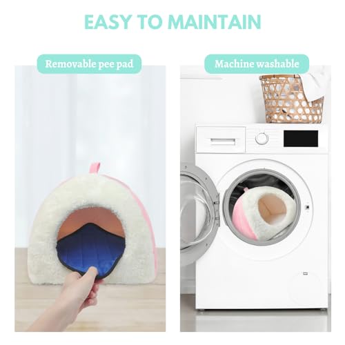 Guinea Pig Hideout Bed with 2 Absorbent Leak-Proof Bottom Pee Pad | Fleece Small Animal House, Washable Hide Hut for Dwarf Rabbit Chinchilla - color: Pink