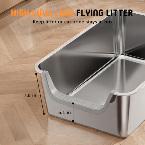 Stainless Steel Litter Box with High Sides,23.6" L X 15.7" W X 7.8" H,Extra Large Jumbo Cat Litter Box,XL Kitty Metal Liter Box for Indoor Big Cat,Non-sticky,Anti-Leakage(Entry on Short Side) - size: Entry on Short Side