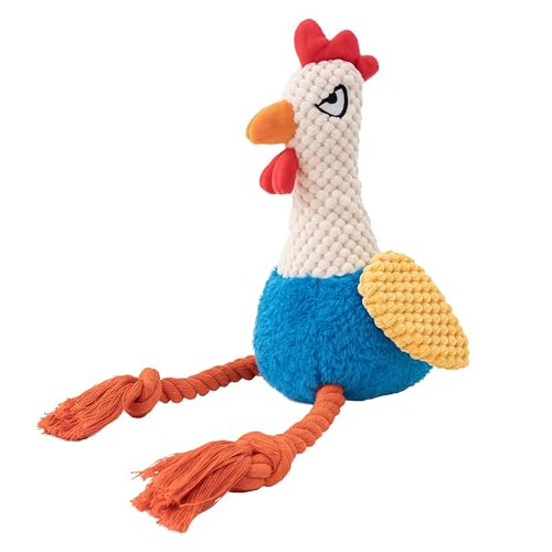 Plush Chicken Dog Toy with Squeaker and Crinkle Paper for Small Dogs | Soft plush texture with rope details, great for tugging, tossing, indoor play and creating fun bonding moments with pets. - color: Blue Rooster