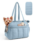 BAGSMART Dog Purse Carrier for Small Dogs Up to 13lbs Puppy Travel Tote Bag | Quilted Puffy Soft Sided Pet Handbag with Pockets, Collapsible Lightweight Portable Carrying with Safety Tether & Mat, Blue - color: Dawn Blue