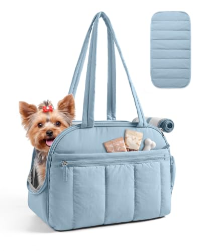 BAGSMART Dog Purse Carrier for Small Dogs Up to 13lbs Puppy Travel Tote Bag | Quilted Puffy Soft Sided Pet Handbag with Pockets, Collapsible Lightweight Portable Carrying with Safety Tether & Mat, Blue - color: Dawn Blue