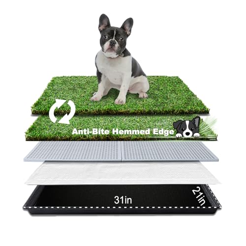 HQ4US 4LEGS Dog Grass Pad with Tray, Dog Litter Box with Artificial Grass | Medium Grass Pee Pads for Indoor Dogs Potty Tray with Grate, Turf Grass Hemmed Edge, Realistic, Less Stink Toilet for Balcony - size: M 31”×21” for Dog＜ 26" Length
