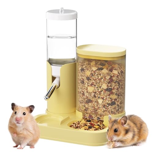 2 in 1 Hamster Water Bottle, Automatic Feeder, No Drip Small Animal Water Dispenser Food Bowl for Syrian Dwarf Hamsters, Gerbils, Mouse, Hedgehog, Hamster Cage Accessories (Yellow) - color: Yellow