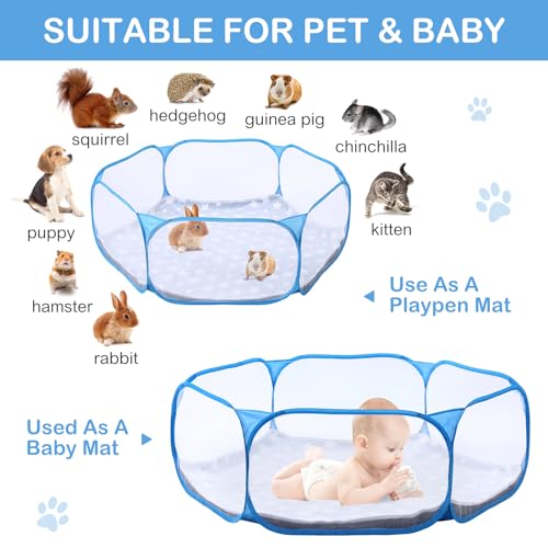 Hamster Playpen with Mat Small Animal Cage Tent Breathable Transparent Guinea Pig Playpen Waterproof Portable Yard Fence Mat Foldable Exercise Playpen Outdoor Indoor (Blue,Star) - color: Blue