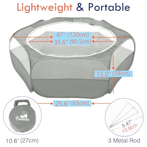 Pawaboo Small Animal Playpen with Zippered Cover,Light Gray | Portable pop-up pet tent for supervised rabbits, guinea pigs, chicks and kittens; water-resistant bottom and 3 metal rods - color: B-Gray
