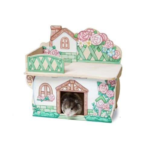 Sweet Sugar 2-Level Wooden Hamster Hideout, Floral Cottage House with Rooftop Terrace for Syrian & Dwarf Hamsters, Gerbils & Mice, Natural Wood Small Animal Habitat, 8.78 x 5.98 x 9.29 in | 2-Level Floral Cottage Wooden Hamster Hideout with Rooftop Terrac