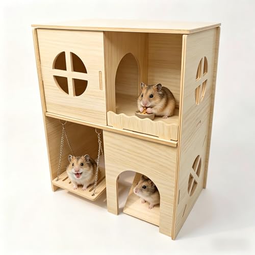 Wooden Hamster Hideout & Cage Accessories - Multi-Chamber Habitat with Swing, Ladder, House and Playground for Climbing - Enrichment Toys for Dwarf Hamster, Gerbil, Mouse, and Small Rodents