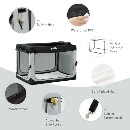 ZOMISIA 36 Inch Collapsible Dog Crate for Large Dogs, Travel Dog Crate Grey | Portable Dog Crate Soft Sided, Easy Fold & Setup Kennel, Indoor & Outdoor, Breathable Mesh Windows, Built-in Leash, Plush Pad - size: 36.0"L x 25.0"W x 25.0"H