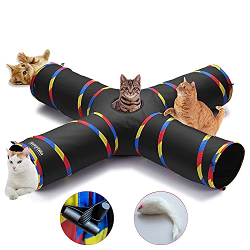 Cat Tunnels - 4 Way Cat Tunnel for Indoor Cats Play & Exploration (with Mouse Toy) - Collapsible Pop Up Tubes for Ferrets, Rabbits, and Small Dogs Fun