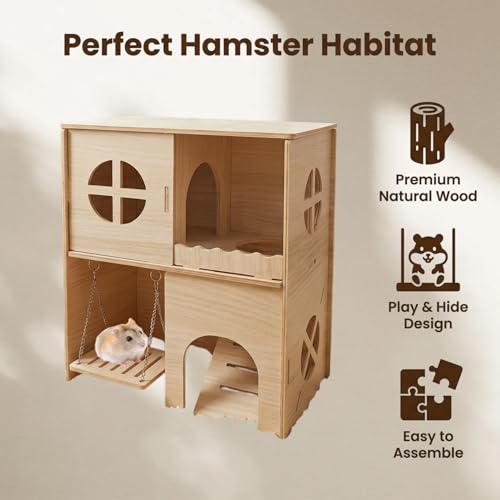 Wooden Hamster Hideout & Cage Accessories - Multi-Chamber Habitat with Swing, Ladder, House and Playground for Climbing - Enrichment Toys for Dwarf Hamster, Gerbil, Mouse, and Small Rodents