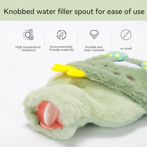 Green Rubber Hot Water Bottle with Soft Removable Knit Outer Lid, Classic Rubber Hot and Cold Water Bottle with Cute Image Hand Feet Warmer and Shoulder Pain Relief - style: RSD-Hot-konglong-Green