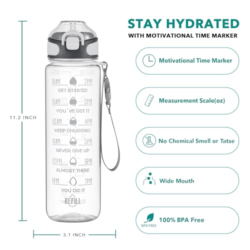 Enerbone 32 oz Water Bottle with Times to Drink and Straw, Motivational Drinking Water Bottles with Carrying Strap, Leakproof BPA & Toxic Free, Ensure You Drink Enough Water for Fitness Gym Outdoor - color: Crystal