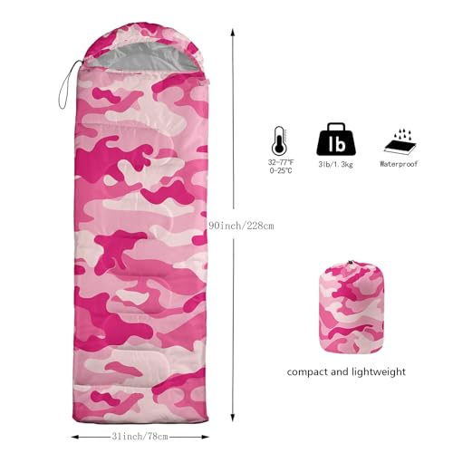 Sleeping Bags for Adults and Kids Backpacking Camping Sleeping Bags for Girls and Boys Lightweight Waterproof Cold/Warm Sleeping Bag for All Season - color: Pink Camo