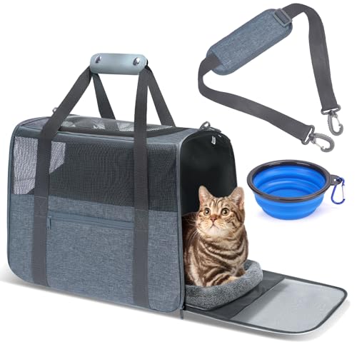 JUNGYOUN Premium Cat Carrier - Pet Carrier for Cat & Small Dogs up to 15lbs - Airline Approved Travel Dog Carrier with Anti-Escape Zippers, Collapsible Travel Bowl & Padded Strap - color: Charcoal, size: 17.5"L x 12.4"W x 13.5"H
