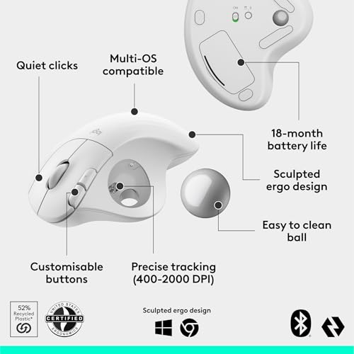Logitech Ergo M575S Wireless Trackball Mouse- Off-White Silver Ball | Easy thumb control, precise and smooth tracking, Bluetooth and includes Logi Bolt USB receiver, PC Mac compatible - color: White + Silver Ball