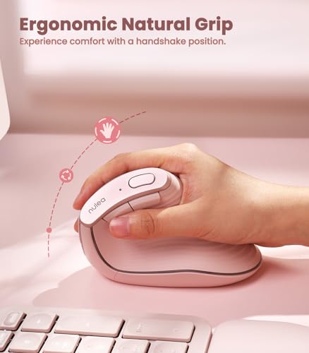 Nulea M510 Vertical Mouse Wireless, Ergonomic Mouse for Comfy Tracking, 3 Adjustable DPI (800-1200-1600), 2.4G Wireless Vertical Mouse with 6 Buttons, Compatible with Windows, Mac OS, Laptop, PC,Pink | 2.4G Rechargeable Mouse,Long Battery Life, Lightweigh