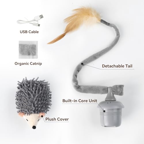 Migipaws Interactive Hedgehog Cat Toy 360° Rolling & Spin with Soft Plush Tail for Indoor Cats Smart Motion Sensor, Realistic Squeak, Rechargeable Plush Kitten Toy (Grey)