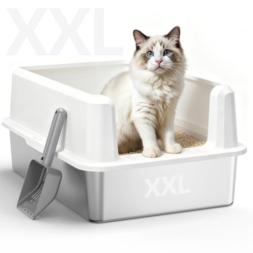 WoofiGo XXL Stainless Steel Cat Litter Box, High Sided Open Top Litter Pan | Anti-Urine Leakage Design, Spacious Interior for Big Cats, Non-Stick, Odor Resistant, Easy Clean, Scoop Included (White) - color: 24 - White (Pack of 1)