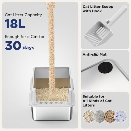 FURTIME 2 Pack Stainless Steel Cat Litter Box with Lid, Metal Kitty Litter Box for Small Cats, Kitten Litter Boxs with Non-Sticky, Anti-Leakage, Easy to Clean, 17"x13"x8.4" (Small) - color: Silver