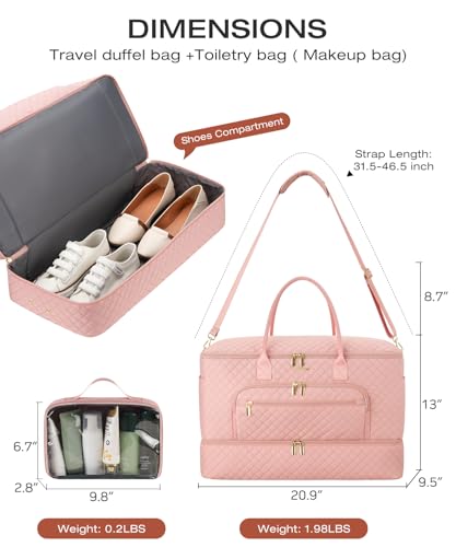 Travel Duffle Bag, Wide Open Large Weekender Bag for Women with Shoe Compartment, Carry on Overnight Bags with Toiletry Bag, Hospital Bag for Women Labor Delivery with Wet Pocket (Pink) - color: Pink, size: 45L