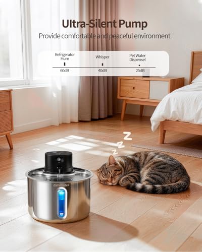 Cordless Stainless Steel Cat Water Fountain Battery Operated Pet Fountain | 74oz/2.2L Wireless Pet Water Fountain for cats indoor- Quiet Automatic Cat Fountain with 5000mAh Battery -Easy to clean