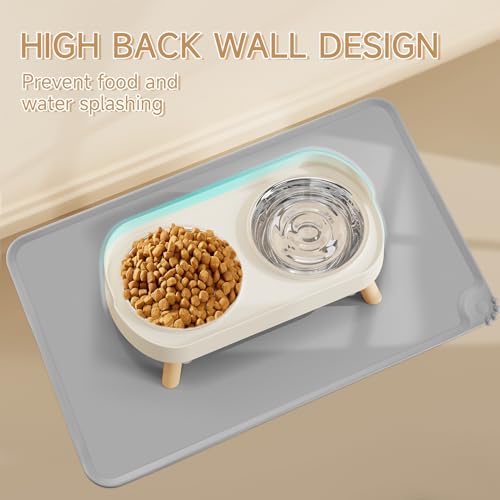 Elevated Cat Bowl with Food Mat, Raised Cat Food and Water Bowl Set for Indoor Cats, Splash Proof with 2 Stainless Steel Pet Food Bowls for Cats and Puppies,Whisker Fatigue and Dishwasher Safe (White) - color: Cat Bowls with mat - white