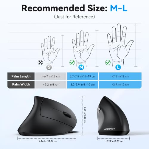 TECKNET Wired Mouse, Comfortable Ergonomic Mouse with 6400 DPI | Plug & Play, 4-Level Adjustable DPI, Silent Click, Vertical Mouse Compatible with Laptop/PC/Windows/Chromebook - color: Black