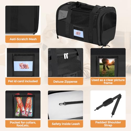 Soft Cat Carrier with Detachable Food Bowl,Pet Travel Bag (Up to 16 lbs) | Puppy Crate with Lockable Zippers,Airline Travel for Small Dog,Kitten,Animal,Breathable Mesh Kennel,Carrying Case,Black - color: Black, size: 17.0"L x 12.0"W x 11.0"H