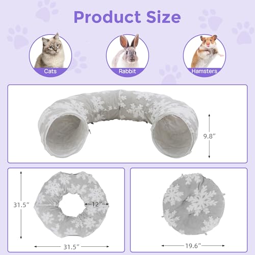 Cat Tunnel with Bed – Soft Plush Peekaboo Donut Cave for Indoor Cats | Under Christmas Tree Hideaway & Multifunctional Playground Toy for Kittens, Rabbits, Ferrets (Short-Pile Fabric Snowflake) - color: Short-pile fabric Snowflake