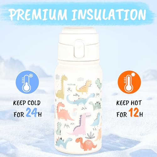 GOPPUS Kids Insulated Water Bottle 12oz, Leakproof Stainless Steel Thermos, BPA Free Double Wall Vacuum Insulated Bottle for School, Travel, Sports & Outdoor Activities, Boys Girls - color: White dinosaur