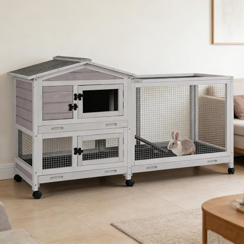 Wooden Rabbit Hutch Indoor, 2-Story Bunny Cage Outdoor, 62’’ Mobile Rabbit House with Lockable Wheels, Bunny Hutch with Removable Tray, Chew-Proof Ramp for Guinea Pig Hamster Chinchilla(Grey) - color: Grey