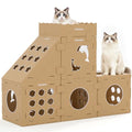 DIY Cardboard Cat House with Scratching Pad, Cat Tower Indoor Play House, Versatile Cardboard Cat Tunnel Box for One or More Pets, Indoor Use Rabbit Hideout Cave Castle Brown, 6 Parts - size: 4 Boxes + 1 Roof + 1 Triangular + 4 Scratchers