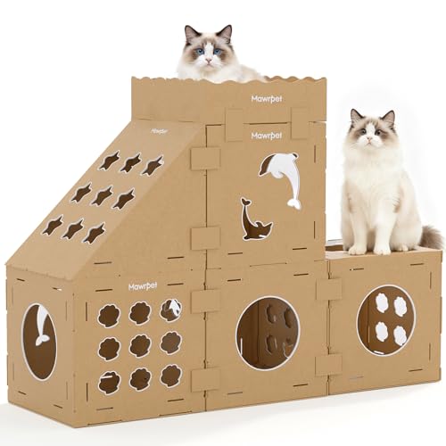 DIY Cardboard Cat House with Scratching Pad, Cat Tower Indoor Play House, Versatile Cardboard Cat Tunnel Box for One or More Pets, Indoor Use Rabbit Hideout Cave Castle Brown, 6 Parts - size: 4 Boxes + 1 Roof + 1 Triangular + 4 Scratchers