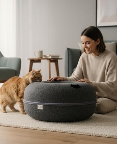 Cat Cave Tunnel Bed - Comfort Bedz Large Donut Cat House, Enclosed Felt Hideaway with Zipper, Top Perch, Interactive Toy, Washable for Indoor Cats up to 25lbs