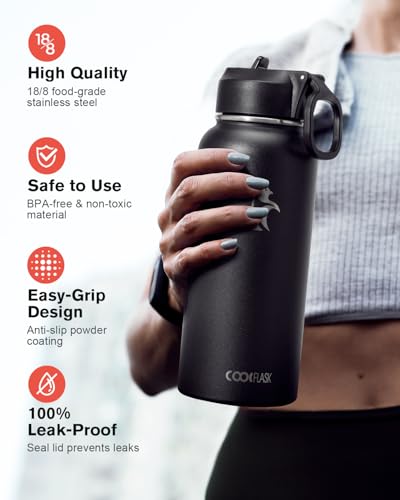 Coolflask 32 oz Water Bottle Insulated with Straw & 3 Leakproof Lids | Water Flask Stainless Steel Triple-Wall Vacuum,Cold 48+h, Dishwasher Safe,Wide Mouth,BPA-Free,Carrier Bag,for Gym,Hiking - color: Magic Black, size: 32 Ounces