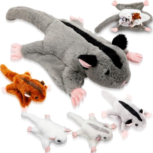 Hollowfly 5 Pcs Sugar Glider Family Stuffed Animal Set 18.5 Mommy Sugar Glider Plush Toy Long Tail with 4 Cute Babies Zippered Belly Inside Nurturing Gifts for Kids Adults Holiday Birthday Christmas - style: Sugar Glider