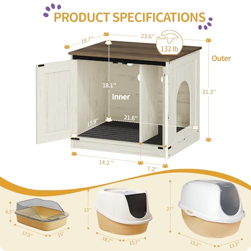 Hzuaneri Cat Litter Box Enclosure, Hidden Litter Box Furniture with Divider | Wooden Cat Cabinet with Removable Dividers, Reversible Entrance Left or Right Side, Cat Washroom, Rustic White Brown CB84514X - color: Rustic White and Brown, size: 23.6"L x 19.