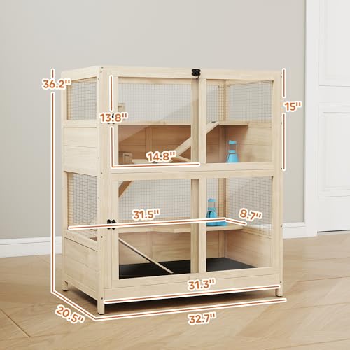 PawHut Wooden Hamster Cage for Syrian Mice Gerbil 33" x 21" x 36" | 4 Tier Small Animal Cage, Mesh Flip Roof, Pull-Out Tray, Huts, Seesaws, Ramps, Water Bottles, Hamster Habitat, for Dwarf