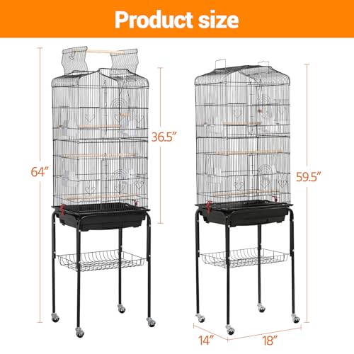Garvee Open Top Large Parrot Bird Cage, Hanging Bird Cage with Detachable Rolling Stand and Storage Shelf, Playtop Parrot Cages Heavy-Duty Pet Birds House for Cockatiel Black