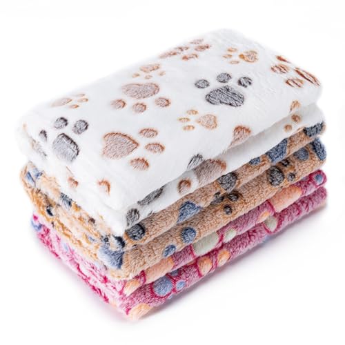 1 Pack 3 Blankets Super Soft Fluffy Premium Fleece Pet Blanket Flannel Paw Printed Throw for Dog Puppy Cat (Small 23x16'', Brown, Pink, White) - color: White, Pink, Brown, size: 23x16 inch(Pack of 3)