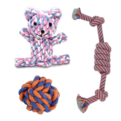 SunGrow Cotton Knot Puppy Chews, 4.5" Tough Teething Chewable Teddy Bear, 2.5" Ball, 12" Durable Oral Chew Rope, Handwoven for Small Breeds Dog, Massage Teeth, Gums, Random Color, 3 Pcs