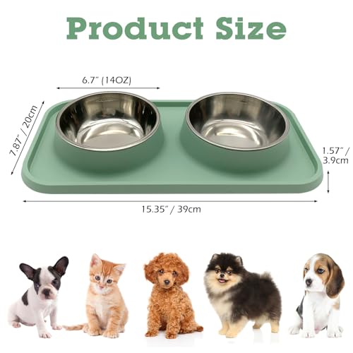 BNOSDM Double Dog Food Bowls Stainless Steel Dog Food and Water Bowls with Non-Spill Plastic Mat Pet Cat Feeder Bowl Set for Puppy Cats Kitten Small Dogs, Dark Green - color: Dark Green【Set of 1】