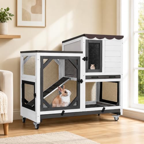 Aivituvin Rabbit Cage Indoor, 2-Story Bunny Cage with Leak-Proof Trays, Chew-Proof Wooden Rabbit Cage on Wheels for Small Pets (39.3" L x 22" W x 36.8" H) - Black and White - color: Black and White