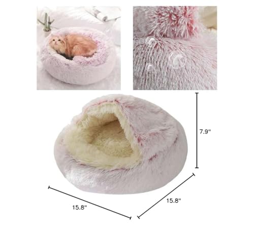 Round Fluffy Hooded Cat Bed Cave, Anti-Anxiety Cave Bed with Blanket | Hooded Cat Bed Cave, Cozy Cuddler Luxury Puppy Pet Bed, Anti-Slip Bottom and Machine Washable - color: Pink, size: Large