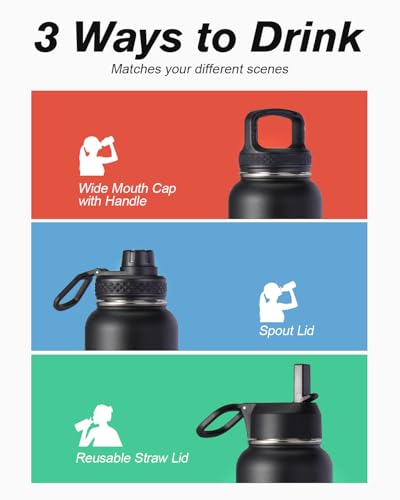 Coolflask 32 oz Water Bottle Insulated with Straw & 3 Leakproof Lids | Water Flask Stainless Steel Triple-Wall Vacuum,Cold 48+h, Dishwasher Safe,Wide Mouth,BPA-Free,Carrier Bag,for Gym,Hiking - color: Magic Black, size: 32 Ounces