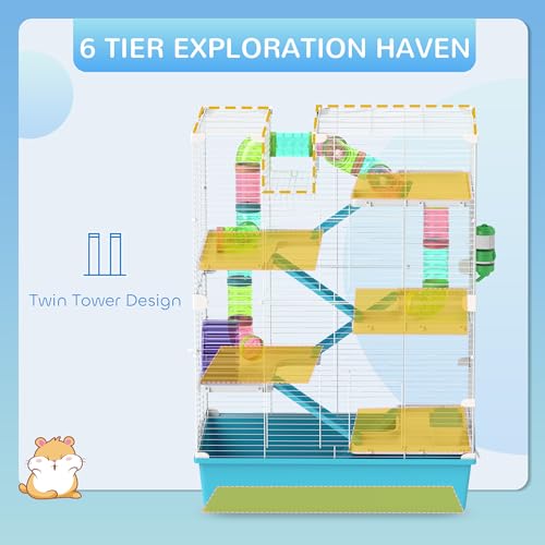 PawHut Large Hamster Cage 6 Tier, 32" DIY, Dwarf & Gerbil, Light Blue | Small Animal Cage, Tubes and Tunnels, Hut, Wheel, Food Dish, Water Bottle, Ramps