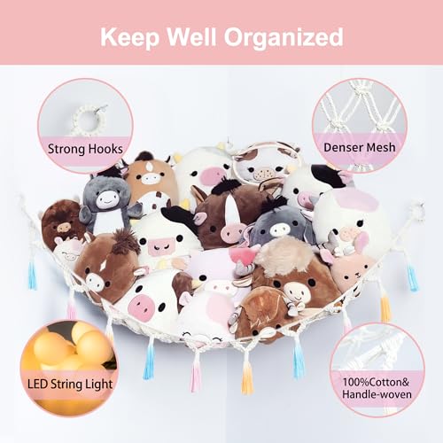 Stuffed Animal Net or Hammock with Light,Yewiwin Macrame Hanging Net Hammock for Stuffed Animal Toy Storage Organizer Boho Decor Room Holder for Nursery Play Room Bedroom (Beige(55"*55"*72")) - color: Beige(55"*55"*72")